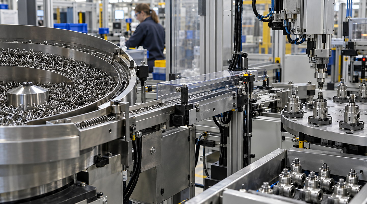 A spring feeder untangling and presenting small coil springs to an operating automated assembly machine.