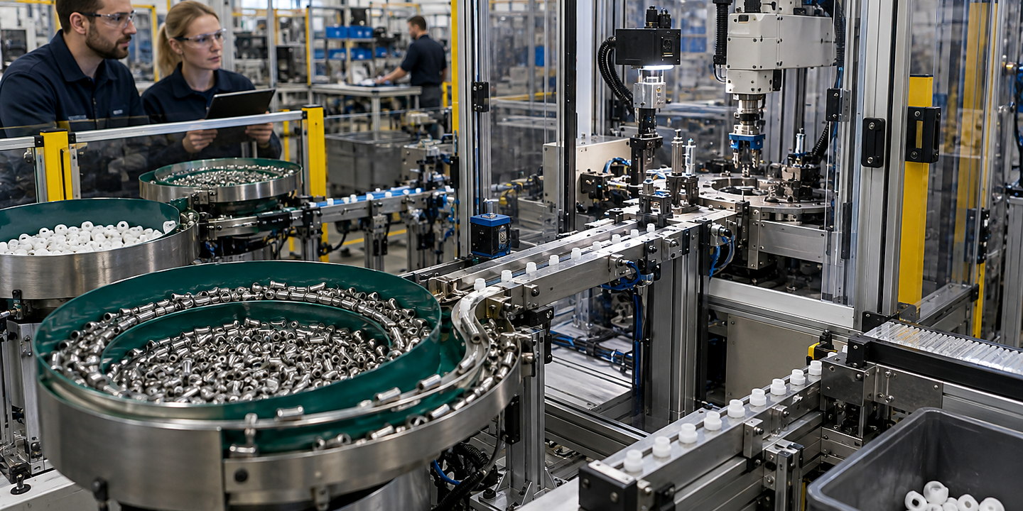 A spring feeder untangling and presenting small coil springs to an operating automated assembly machine.