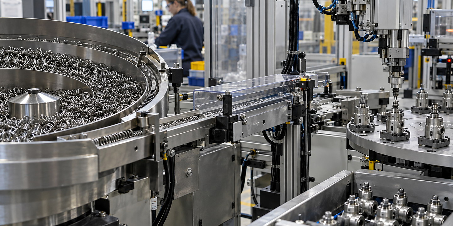 A spring feeder untangling and presenting small coil springs to an operating automated assembly machine.